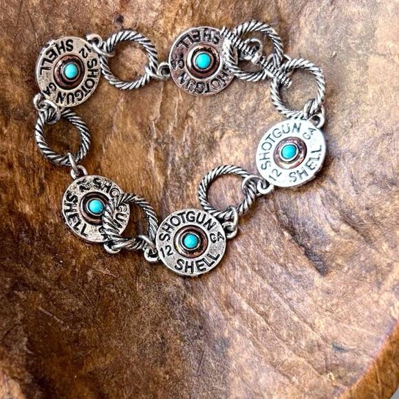 Western Shotgun Shell Turquoise Stone Linked Bracelet - Picture 3 of 3
